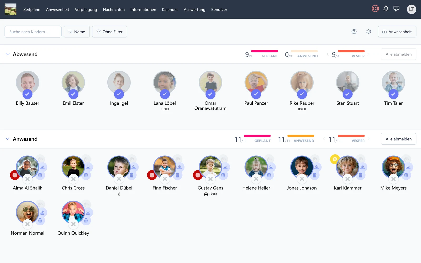 easychild Live-Dashboard mit anwesenden und abwesenden Kindern samt Statusanzeigen