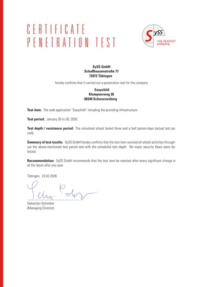 Pentest-Zertifikat der SySS GmbH für easychild, Januar 2026
